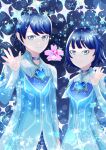  1boy 1girl blue_background blue_dress blue_eyes blue_hair commentary_request dress genshin_impact highres looking_at_viewer manekin_(genshin_impact) manekina_(genshin_impact) micaiah_art signature smile sparkle sparkling_aura star_(sky) watermark 
