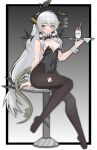  1girl absurdres alternate_costume arknights black_bow black_bowtie black_leotard border bow bowtie breasts bright_pupils brown_pantyhose chinese_commentary cleavage collarbone commentary_request covered_navel cup detached_collar drink drinking_glass drinking_straw feet flying_sweatdrops full_body gradient_background grey_hair hair_ornament highres holding holding_tray leotard long_hair medium_breasts milk muusn on_stool outside_border pantyhose playboy_bunny red_eyes sitting solo stool strapless strapless_leotard tail toes torn_clothes torn_pantyhose traditional_bowtie tray very_long_hair weedy_(arknights) white_border white_pupils wrist_cuffs x_hair_ornament 