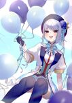 1girl alternate_hair_length_(shorter) arm_support balloon beret black_gloves black_hat black_thighhighs blue_bow blue_bowtie blue_flower blue_hair blue_skirt blue_streaks blurry blurry_foreground blush bow bowtie colored_inner_hair commentary contrast_lapels depth_of_field dutch_angle english_commentary flower foot_out_of_frame frilled_thighhighs frills gloves gradient_hair grey_hair hair_flower hair_ornament half_gloves hat highres holding holding_balloon idol_clothes jacket kanzashi lapels lize_helesta looking_at_viewer multicolored_hair nesumiru nijisanji official_alternate_costume open_mouth puffy_short_sleeves puffy_sleeves purple_eyes sanbaka_anniversary_outfit short-sleeved_jacket short_sleeves skirt solo streaked_hair teeth thighhighs upper_teeth_only virtual_youtuber white_jacket 