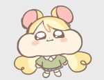  1girl blonde_hair blue_skirt blush cardigan cheek_bulge chibi chibi_only commentary dot_nose english_commentary full_body green_cardigan grey_background hammi_(umiko_zzz) highres looking_at_another low_twintails original pleading_eyes shoes skirt solo twintails umiko_zzz white_shoes 