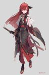  1girl absurdres ahoge akari_(celestial) black_gloves black_socks blue_kimono blush braid capelet commentary_request commission facial_mark full_body gloves grey_background hair_ornament half_gloves highres japanese_clothes katana kimono layered_kimono long_hair obi obijime original parted_lips red_hair red_sash red_shoes sash sheath sheathed shoes simple_background single_braided_sidelock skeb_commission socks sooon sword twitter_username weapon white_capelet wide_sleeves 