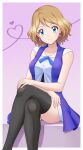  1girl absurdres black_thighhighs blonde_hair blue_eyes blue_ribbon breasts closed_mouth commentary_request crossed_legs earrings eyelashes highres jewelry looking_at_viewer medium_breasts neck_ribbon pokemon pokemon_(anime) pokemon_the_series:_xy ribbon serena_(pokemon) shirt short_hair sitting skirt sleeveless sleeveless_shirt smile solo thighhighs zeki231 