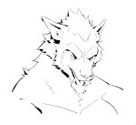 2024 anthro black_and_white bust_portrait canid digital_drawing_(artwork) digital_media_(artwork) empty_eyes eyebrows front_view fur furrowed_eyebrows hair hi_res kingarthur_i line_art looking_at_viewer male mammal monochrome open_mouth overbite pointy_ears portrait simple_background snout solo thick_eyebrows tusks white_background