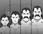  1boy age_progression aged_down artist_logo artist_name black_hair cheekbones commentary english_commentary facial_hair grey_background highres invincible_(series) kradd large_nose lineup logo long_sideburns looking_at_viewer male_focus mature_male monochrome multiple_persona mustache raynerahman sequential serious sideburns signature simple_background straight-on thick_mustache viltrumite viltrumite_clothes 
