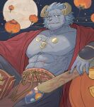  1boy abs bara claws commentary_request fangs full_moon furry furry_male highres horns jewelry krampus_(housamo) lantern looking_at_viewer male_focus moon muscular muscular_male necklace night official_alternate_costume paper_lantern pectorals qhugfr scar scar_across_eye scar_on_chest scar_on_face scar_on_stomach smile tokyo_afterschool_summoners whiskers 