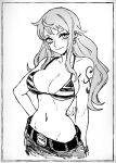  1girl arm_behind_back belt belt_buckle bikini bikini_top_only breasts buckle cleavage closed_mouth collarbone earrings english_commentary greyscale grin halterneck highres jewelry large_breasts light_blush long_hair looking_at_viewer monochrome nami_(one_piece) navel one_piece pearl_earrings shoulder_tattoo sidelocks smile solo stomach string_bikini swimsuit tattoo upper_body wavy_hair xandredarium22 