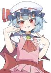  1girl back_bow bat_wings blue_hair bow commentary grin hat looking_at_viewer mob_cap pink_shirt pink_skirt puffy_short_sleeves puffy_sleeves red_bow red_eyes remilia_scarlet shirt short_hair short_sleeves simple_background skirt smile solo tomoshi_sora touhou white_background white_hat wings 