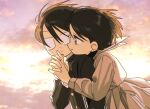 1boy 1girl black_hair cloud commentary_request couple crutch gakuran grey_eyes holding_hands interlocked_fingers looking_at_another original outdoors profile school_uniform serafuku short_hair skirt sky smile takanashi_atashi twilight upper_body 