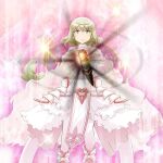  1girl armor armored_boots back_bow blonde_hair boots bow braid brown_eyes cape closed_mouth dot_nose dress expressionless faulds frilled_dress frills full_body game_asset gauntlets glowing jeanne_d'arc_(madoka_magica) light_blush light_particles long_dress long_hair loose_hair_strand low-tied_long_hair lying magia_record:_mahou_shoujo_madoka_magica_gaiden magical_girl mahou_shoujo_madoka_magica mahou_shoujo_tart_magica masu_gitsune official_art on_back own_hands_together pantyhose pink_background pink_cape pink_pantyhose single_braid single_gauntlet solo sparkle tabard torn_cape torn_clothes very_long_hair white_boots white_dress white_tabard 