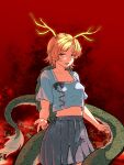  1girl antlers blonde_hair blue_shirt collarbone dragon_girl dragon_horns dragon_tail fingernails grey_skirt highres horns kicchou_yachie looking_at_viewer midriff_peek open_mouth pleated_skirt red_background sharp_fingernails shirt short_hair skirt sleepymoon solo standing tail touhou 