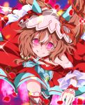  1girl animal_ears black_thighhighs blush breasts brown_hair commentary_request detached_sleeves dress ear_covers ear_ribbon glowing glowing_eyes hair_between_eyes hair_ornament highres horse_ears horse_girl horse_tail looking_at_viewer multicolored_hair open_mouth red_dress red_eyes red_ribbon ribbon running small_breasts smile solo still_in_love_(scarlet_vow_raiment)_(umamusume) still_in_love_(umamusume) streaked_hair tail thighhighs umamusume veil white_streaks white_veil zukki_(bijitaru) 