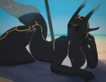 absurd_res anthro beach big_breasts black_sclera breasts dragon female generation_3_pokemon hi_res legendary_pokemon lying mythological_creature mythological_scalie mythology nintendo on_side pinup pokemon pokemon_(species) pose ququqee399e rayquaza scalie sea solo tail thick_tail thick_thighs water yellow_eyes