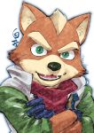  1boy adversarial_noise animal_ears artist_name blue_gloves bodysuit commentary_request crossed_arms fox_boy fox_ears fox_mccloud furry furry_male gloves green_bodysuit highres looking_at_viewer male_focus mario_(series) neckerchief open_mouth red_neckerchief shirako_(kirupi) smile star_fox the_super_mario_galaxy_movie upper_body vest white_background white_vest 