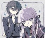  arm_up black_hair black_jacket black_ribbon blunt_bangs border braid brown_eyes brown_necktie buttoned_cuffs buttons closed_mouth collared_jacket collared_shirt commentary_request danganronpa_(series) danganronpa_2:_goodbye_despair danganronpa_v3:_killing_harmony double-parted_bangs eyelashes hair_between_eyes hair_ribbon hand_to_own_mouth jacket kirigiri_kyoko lapels layered_sleeves light_frown long_sleeves necktie notched_lapels outside_border purple_hair ribbon saihara_shuichi shirt side_braid upper_body wing_collar yuzu_(parasitic_910) 