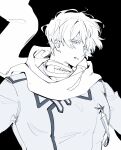  1boy arrow_(symbol) axis_powers_hetalia bandaged_neck bandages coat collared_coat commentary_request cropped_torso empty_eyes floating_clothes greyscale hair_between_eyes highres long_sleeves looking_at_viewer male_focus medal monochrome russia_(hetalia) s2ppo scar scarf short_hair simple_background solo star_ornament teeth upper_body 
