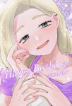  1boy 1girl azuma_shino_(seihatanai_na_kimi_to_boku) blonde_hair close-up dated ear_piercing green_eyes happy_birthday head_tilt highres holding_hands long_hair moo_ox open_mouth piercing purple_shirt seihantai_na_kimi_to_boku shirt short_sleeves skirt smile 