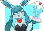 2026 ambiguous_background ambiguous_feral ambiguous_gender beverage black_clothing black_leotard blue_background blue_body blue_ears blue_hair blue_inner_ear blush blush_lines bodily_fluids border bow_tie bunny_costume cherry clothing colored container costume cream_(food) cup dipstick_hair drinking_straw eeveelution feral food fruit generation_4_pokemon glaceon glass glass_container glass_cup gloves_(marking) hair half-length_portrait leotard long_ears looking_at_viewer markings nintendo open_mouth plant plate pointy_ears pokemon pokemon_(species) portrait red_bow_tie simple_background solo sparkles sweat sweatdrop white_background white_border yakiniku628