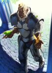  1boy absurdres animal_on_head armor bara benny_(fire_emblem) bird bird_on_head buzz_cut cheekbones closed_mouth commentary_request dark-skinned_male dark_skin facial_hair fire_emblem fire_emblem_fates green_bird grey_armor highres male_focus mature_male multiple_others on_head pillar scar scar_on_face scar_on_forehead shoko_(pixiv_74769700) short_hair solo very_short_hair walking yellow_bird 