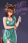  1girl absurdres agnes_tachyon_(umamusume) ahoge alternate_breast_size_(larger) animal_ears bracelet breasts choker cleavage collarbone commentary cowboy_shot dated dress ear_ornament english_commentary glint green_dress happy_birthday highres holding holding_test_tube horse_ears horse_girl horse_tail jewelry large_breasts romulproduce signature smile solo tail test_tube umamusume white_choker 