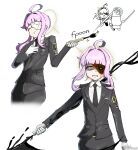  2girls acppla black_jacket black_necktie black_suit blood blood_from_eyes blue_archive chibi closed_eyes collared_shirt commentary cracked_mask english_commentary exposed_muscle gloves grin halo highres holding holding_spork holding_weapon horizontal_pupils injury jacket kaya_(blue_archive) limbus_company long_sleeves looking_at_viewer looking_to_the_side misuzu_(blue_archive) multiple_girls necktie one_eye_covered pink_hair project_moon rien_(project_moon) shirt slashing smile spork suit suit_jacket weapon white_gloves 