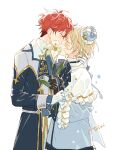  2boys amagi_hiiro bangs black_gloves blonde_hair blue_ribbon blush closed_eyes collared_shirt commentary_request covered_mouth earrings ensemble_stars! flower frills gloves hand_on_another&#039;s_chest hand_on_another&#039;s_head hat holding holding_flower jewelry kiss leaf long_sleeves multiple_boys partial_commentary red_hair ribbon seuga shiratori_aira shirt short_hair white_gloves yaoi 