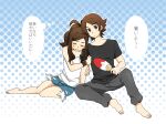  1boy 1girl antenna_hair barefoot black_shirt brown_eyes brown_hair closed_eyes commentary_request denim denim_shorts exposed_pocket grabbing_another's_arm grey_pants hand_fan head_tilt hilbert_(pokemon) hilda_(pokemon) holding holding_fan hot pants pokemon pokemon_black_and_white pote_(noah7200) shirt shorts sitting sleeveless sleeveless_shirt sweat translation_request white_shirt 