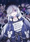  1girl bare_shoulders blue_dress blue_hairband bow candy check_translation commentary_request crescent crescent_necklace crying crying_with_eyes_open drawing_mannequin dress dress_bow food frilled_dress frilled_hairband frilled_sleeves frills gothic_lolita hair_over_one_eye hairband highres holding holding_sketchbook jewelry lolita_fashion lolita_hairband long_hair long_sleeves looking_at_viewer mahou_shoujo_no_majo_saiban mumesan2 natsume_an-an necklace off-shoulder_dress off_shoulder polka_dot polka_dot_bow purple_eyes sketchbook sleeve_bow sleeves_past_fingers sleeves_past_wrists solo stuffed_animal stuffed_sheep stuffed_toy tears translation_request upper_body white_background white_hair wide_sleeves 