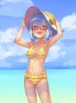  1girl absurdres bikini blue_hair blue_sky blush breasts cloud commentary_request day glasses hair_between_eyes hamburger-chan_(hundredburger) hat hatomugi_seika highres looking_at_viewer medium_breasts ocean open_mouth original outdoors red-framed_eyewear red_eyes short_hair short_twintails sky solo striped_bikini striped_clothes sun_hat swimsuit twintails water yellow_bikini yellow_hat 