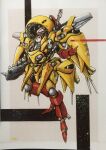  1980s_(style) 1girl arm_cannon armor armored_boots black_hair boots brown_eyes closed_mouth commentary_request full_body gloves hair_over_one_eye highres looking_at_viewer mecha moriki_yasuhiro original pac-man pac-man_(game) page_number pauldrons power_armor red_boots red_gloves retro_artstyle robot science_fiction short_hair shoulder_armor solo traditional_media wagan wagan_land weapon yellow_armor 