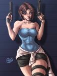 1girl bare_shoulders black_skirt blue_eyes blue_tube_top breasts brown_hair clothes_around_waist commentary deigart english_commentary gun handgun holding holding_gun holding_weapon jill_valentine looking_at_viewer medium_breasts miniskirt resident_evil resident_evil_3:_nemesis short_hair signature skirt strapless sweater sweater_around_waist thigh_strap tube_top weapon 