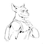 2024 anthro backpack black_and_white canid closed_smile clothed clothed_anthro clothed_male clothing digital_drawing_(artwork) digital_media_(artwork) empty_eyes eyebrows front_view half-length_portrait kingarthur_i line_art looking_aside male mammal monochrome mouth_closed pointy_ears portrait pose shirt simple_background smile snout solo thick_eyebrows topwear white_background