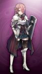  1girl adah_(grimms_notes) adah_(original)_(grimms_notes) armor armored_boots black_thighhighs blue_eyes blue_skirt boots braid flower full_body game_asset gauntlets grimms_notes hair_flower hair_ornament hair_over_one_eye holding holding_shield hosato_mikine long_hair looking_at_viewer non-web_source official_art one_eye_covered parted_lips pauldrons purple_background shield shoulder_armor skirt solo standing thighhighs white_armor white_boots 