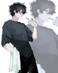  1boy absurdres amamiya_ren black-framed_eyewear black_pants black_shirt commentary_request cup disposable_cup drinking_straw drinking_straw_in_mouth glasses grey_eyes hair_over_one_eye highres holding holding_cup holding_towel korean_commentary long_sleeves looking_at_viewer male_focus one_eye_covered pants parted_bangs parted_lips persona persona_5 profile sava_9990 shirt short_hair simple_background smile sweat towel white_background zoom_layer 