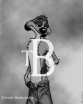 1997 advertisement anthro black_and_white bottomwear clothed clothing copyright_symbol david_sauve denim denim_bottomwear denim_clothing disney herpestid jeans looking_away male mammal meerkat monochrome pants pants_only symbol tagme the_lion_king timon topless wearing_pants