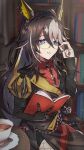  1girl absurdres ahoge animal_ears black_hair black_shorts blue_eyes book bookshelf brown_hair collared_shirt commentary_request cup dream_journey_(reminder_of_dreamland)_(umamusume) dream_journey_(umamusume) eyewear_strap film_grain fishnet_pantyhose fishnets glasses gloves hair_between_eyes highres holding holding_book horse_ears horse_girl jewelry kotou192 long_hair long_sleeves looking_at_viewer multicolored_hair multiple_rings necktie pantyhose parted_lips puffy_sleeves red_shirt ring shirt shorts single_glove sitting smile solo table tea teacup umamusume white_hair 