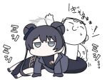  1boy 1girl anatomical_nonsense black_dress black_gloves black_hair black_shoes blue_archive chibi china_dress chinese_clothes closed_eyes closed_mouth commentary doodle_sensei_(blue_archive) double_bun dress gloves grey_eyes grey_jacket hair_bun halo jacket jitome kisaki_(blue_archive) lowres nyaru_(nyaru_4126) open_clothes open_jacket pelvic_curtain sensei_(blue_archive) shoes simple_background sweat translation_request trembling twintails white_background 