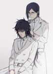  2boys alternate_universe bleach blue_eyes buttons closed_eyes closed_mouth coat commentary_request glasses hair_between_eyes hands_in_another's_hair highres ishida_uryuu konetaa kurosaki_ichigo male_focus multiple_boys quincy_(bleach) rectangular_eyewear saigo_no_getsuga_tenshou short_hair simple_background wandenreich_uniform white_background white_coat 