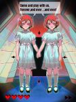  2girls absurdres aqua_dress black_shoes bob_cut bow bright_pupils child chinese_commentary chromatic_aberration clone closed_mouth commentary_request cosplay degrees_of_lewdity dot_nose double-parted_bangs dress dress_ribbon english_text expressionless fast_forward_button full_body grady_sisters_(the_shining) grady_sisters_(the_shining)_(cosplay) hair_between_eyes hair_bow hallway highres holding_hands interlocked_fingers kneehighs looking_at_viewer mary_janes medium_dress multiple_girls open_mouth outline peter_pan_collar pink_eyes player_character_(degrees_of_lewdity) player_character_(female)_(degrees_of_lewdity) puffy_short_sleeves puffy_sleeves red_hair ribbed_dress ribbon shared_speech_bubble shoes short_hair short_sleeves smile socks sparkle speech_bubble standing swept_bangs the_shining tsurime white_bow white_outline white_pupils white_ribbon white_socks xinjinjumin516084919933 