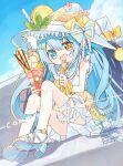  1girl blue_eyes blue_hair bow commentary commission dress english_commentary food fork fruit hat heterochromia holding ice_cream long_hair open_mouth original parfait sandals sitting skeb_commission solo watermark witch_hat yuuhagi_(amaretto-no-natsu) 