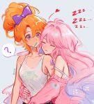  ahoge bare_shoulders blush colored_extremities colored_inner_hair commentary denia_(wuthering_waves) drill_hair drooling highres hug hug_from_behind jhenny345 long_sleeves multicolored_hair orange_hair pink_hair purple_ribbon ribbon saliva shirt sigrika_(wuthering_waves) sleeping toothbrush white_shirt wuthering_waves yuri 