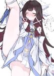  1girl absurdres ass bare_legs bare_shoulders blush closed_eyes closed_mouth columbina_(genshin_impact) commentary_request dress embarrassed flustered genshin_impact hair_ornament highres izayoiyu leg_up long_hair long_sidelocks luonnotar_(genshin_impact) motion_lines multicolored_hair ribbon sidelocks sketch solo speech_bubble split standing standing_on_one_leg standing_split streaked_hair sweatdrop thought_bubble two-tone_hair very_long_hair white_dress white_headdress wing_hair_ornament wings 
