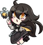  1girl black_bow black_bowtie black_hair bow bowtie chibi commentary english_commentary grey_shirt grimmi_(1st_costume)_(vtuber) grimmi_(vtuber) hair_between_eyes highres indie_virtual_youtuber long_hair long_sleeves one-eyed open_mouth pale_skin ringed_eyes shirt skelter_(grimmivt) skirt solo suspender_skirt suspenders virtual_youtuber x3dustco yellow_eyes 