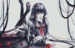  1girl black_hair black_sailor_collar black_serafuku blunt_bangs camellia commentary dotera_(clothes) eyeshadow flower highres hime_cut kayoi long_sidelocks lying makeup neckerchief on_stomach original red_eyes red_eyeshadow red_lips red_nails red_neckerchief sailor_collar school_uniform serafuku sidelocks thighhighs untranslatable_commentary very_long_sidelocks 