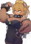  1girl black_dress black_singlet blonde_hair bowsette bracelet breasts clenched_hands collar commentary crown dress earrings fang flexing hand_on_own_hip highres horns jewelry large_breasts mario_(series) muscular muscular_female new_super_mario_bros._u_deluxe ponytail sidelocks simple_background singlet spiked_bracelet spiked_collar spikes super_crown tearing_up thick_eyebrows umezawa_michiko white_background 