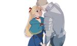  1boy 1girl armor belt_pouch blonde_hair blue_capelet blue_robe blush braid braided_ponytail breastplate brown_hair capelet chainmail choker commentary dungeon_meshi elf gorget green_eyes hair_ribbon hetero holding_hands hood hooded_capelet laios_touden long_hair marcille_donato parted_lips pauldrons pointy_ears ponytail pouch red_choker red_ribbon ribbon robe short_hair shoulder_armor spt0055 sweatdrop white_background wide_sleeves 