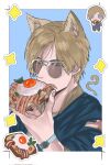  1boy american_flag animal_ears aviator_sunglasses bacon blonde_hair blue_background blue_eyes blue_jacket border bowi4_0808 chibi chibi_inset eating extra_ears food fried_egg highres holding holding_food jacket kemonomimi_mode leon_s._kennedy male_focus resident_evil short_hair solo sunglasses watch white_border wristwatch 