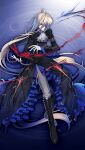  1boy absurdly_long_hair ascot black_boots blue_background blue_eyes book boots chain closed_mouth energy frills full_body game_asset gloves grey_hair grey_pants grimms_notes hair_over_one_eye long_hair male_focus nanokak non-web_source official_art open_book pants shadow_romeo_(grimms_notes) solo very_long_hair white_gloves 