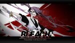  1girl absurdres bandages black_kimono black_ribbon bleach bleach:_sennen_kessen-hen commentary_request copyright_name cowboy_shot eyepatch floating_hair haori headband her_story highres holding holding_sword holding_weapon japanese_clothes katana kimono letterboxed long_hair long_sleeves looking_at_viewer one_eye_covered open_mouth outstretched_arm purple_eyes purple_hair red_background revision ribbon saitou_furoufushi shinigami simple_background smile solo sword teeth twintails upper_teeth_only very_long_hair weapon white_haori white_headband wide_sleeves zanpakutou 
