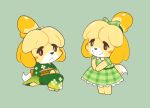  animal_crossing animal_ears artsy-rc body_fur chibi chibi_only commentary dog_ears dog_girl dog_tail dress english_commentary furry furry_female green_background green_dress green_kimono green_theme highres isabelle_(animal_crossing) japanese_clothes kimono multiple_costumes official_alternate_costume plaid_clothes plaid_dress shiba_inu tail topknot two-tone_fur yellow_fur 