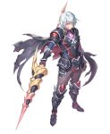  1boy armor artist_request brown_eyes cape full_body game_asset highres holding holding_polearm holding_weapon legend_clover male_focus mordred_(legend_clover) official_art polearm short_hair shoulder_armor simple_background solo spear transparent_background weapon white_hair 